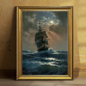 May include: A framed artwork depicts a tall ship sailing through a stormy sea under a cloudy sky with a full moon. The artwork is in a gold-colored frame. The waves are dark blue and white, and the ship's sails are billowing.