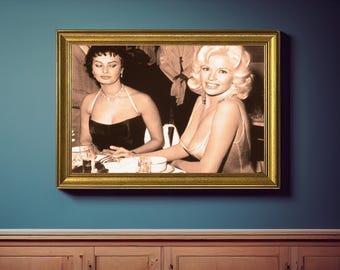 Sophia Loren & Jayne Mansfield Vintage Framed Wall Art, Black and White or Sepia Photo Framed Art, Retro UV Print