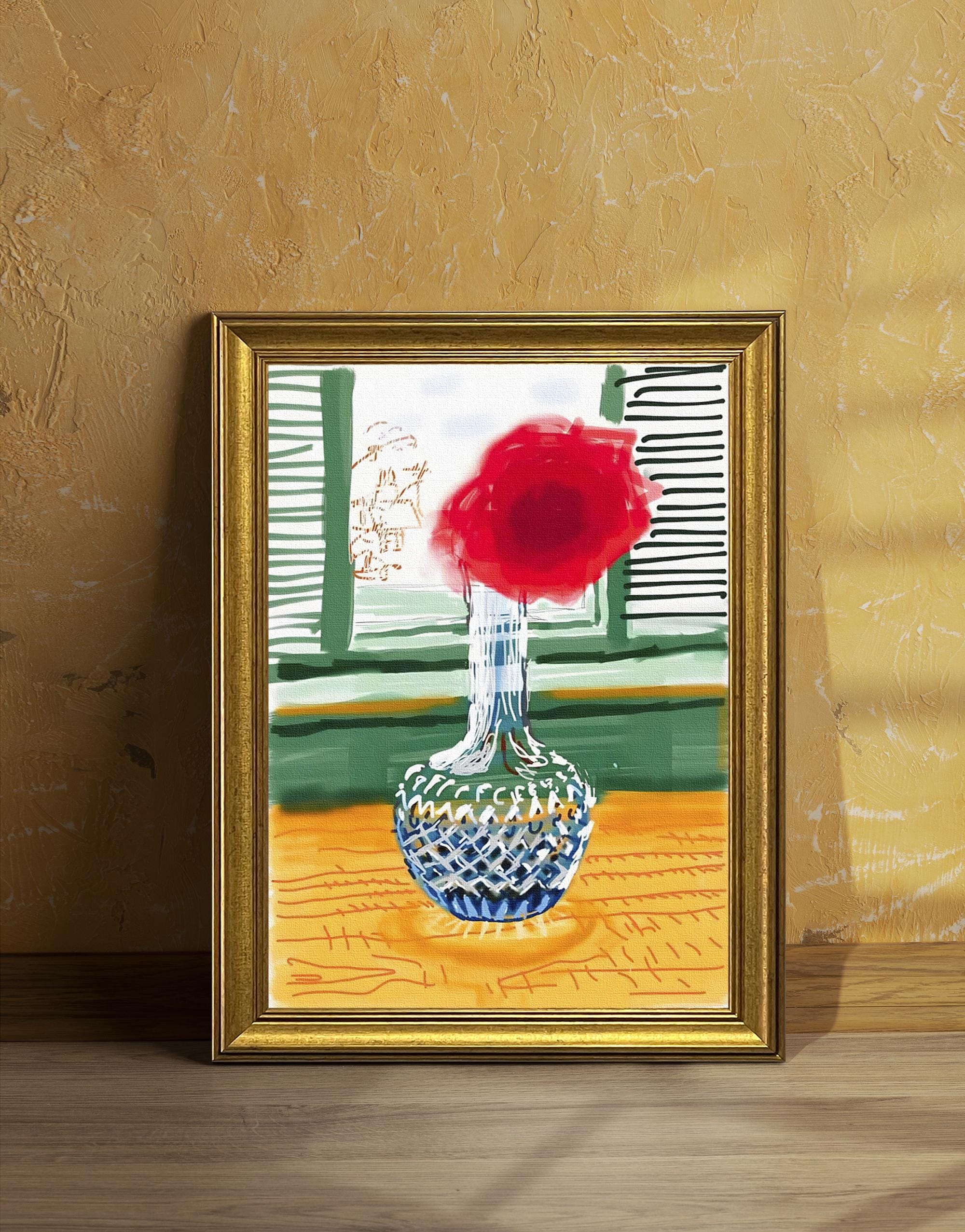 David Hockney Vase With Red Flower Digital Drawing Vintage Framed Print ...