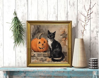 Black Cat With Pumpkin Watercolor - Vintage Framed Wall Art Print for Halloween & Fall Decor