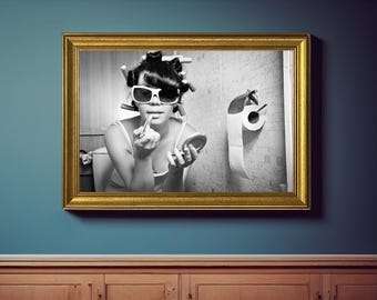 Makeup Wall Art Bathroom Vintage Framed Art, Girl on the Toilet Lipstick Art Makeup Room Decor