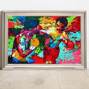 Pode incluir: Pintura abstrata de dois boxeadores em ação, emoldurada em uma moldura prateada. A obra apresenta pinceladas ousadas e uma paleta de cores vibrantes de vermelho, azul, verde e amarelo, criando uma composição dinâmica e enérgica.