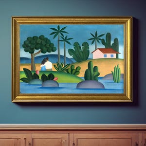 May include: A framed landscape painting with a gold frame. The artwork depicts a serene scene with a couple embracing under a tree, a pink house, palm trees, and cacti. The color palette includes blues, greens, and yellows.