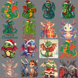 May include: A collection of colorful Christmas-themed dragon illustrations. Dragons are depicted in various poses, wearing Santa hats and holding gifts. Some images include the text "Merry Christmas."