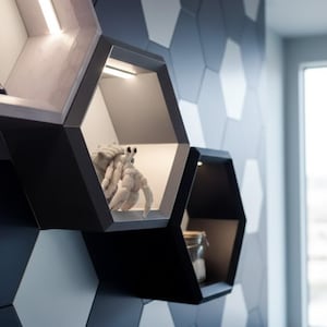 May include: Black hexagonal wall shelves with built-in lighting. One shelf displays a stuffed crab, another a glass jar. The shelves are mounted on a wall with a geometric pattern of dark and light gray hexagons.