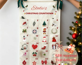 Personalized Linen Advent Calendar: Christmas Countdown, Wall Hanging, Countdown Calendar (Free stickers)