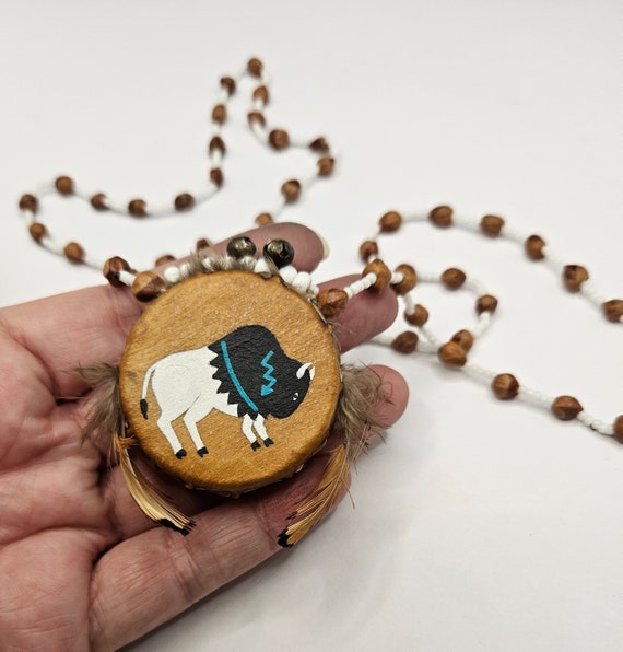 Vintage native American drum necklace with a paint