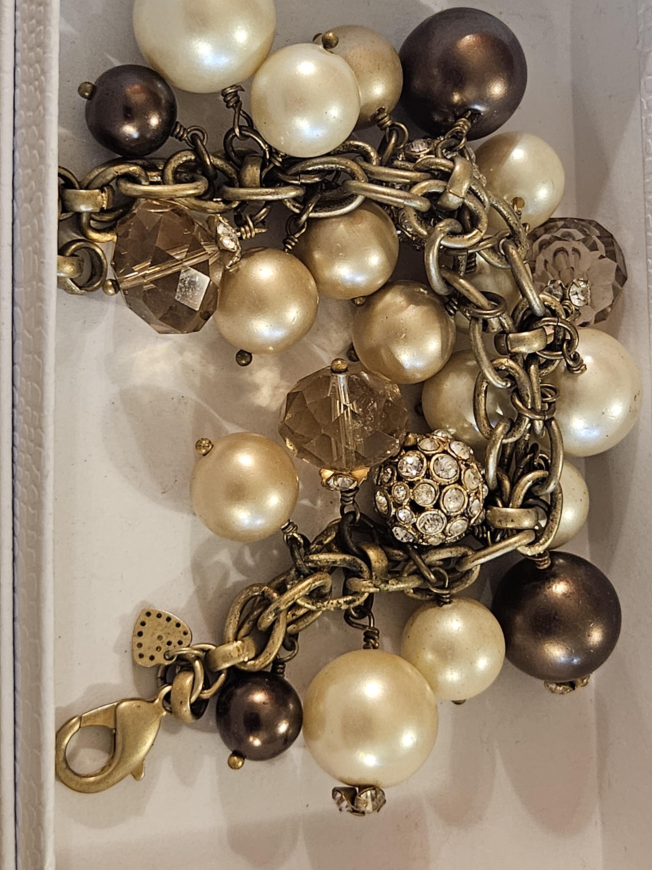 Bracelet Perles Stella & Dot - Doré Bronze Avec Pétales Colorées - 19-20 Cm - Occasion Très Bon état