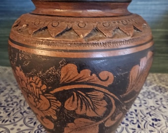 Vintage Redware Pottery Vase with Stenciled Floral desig! Mission Style Pottery that would look great in your home!