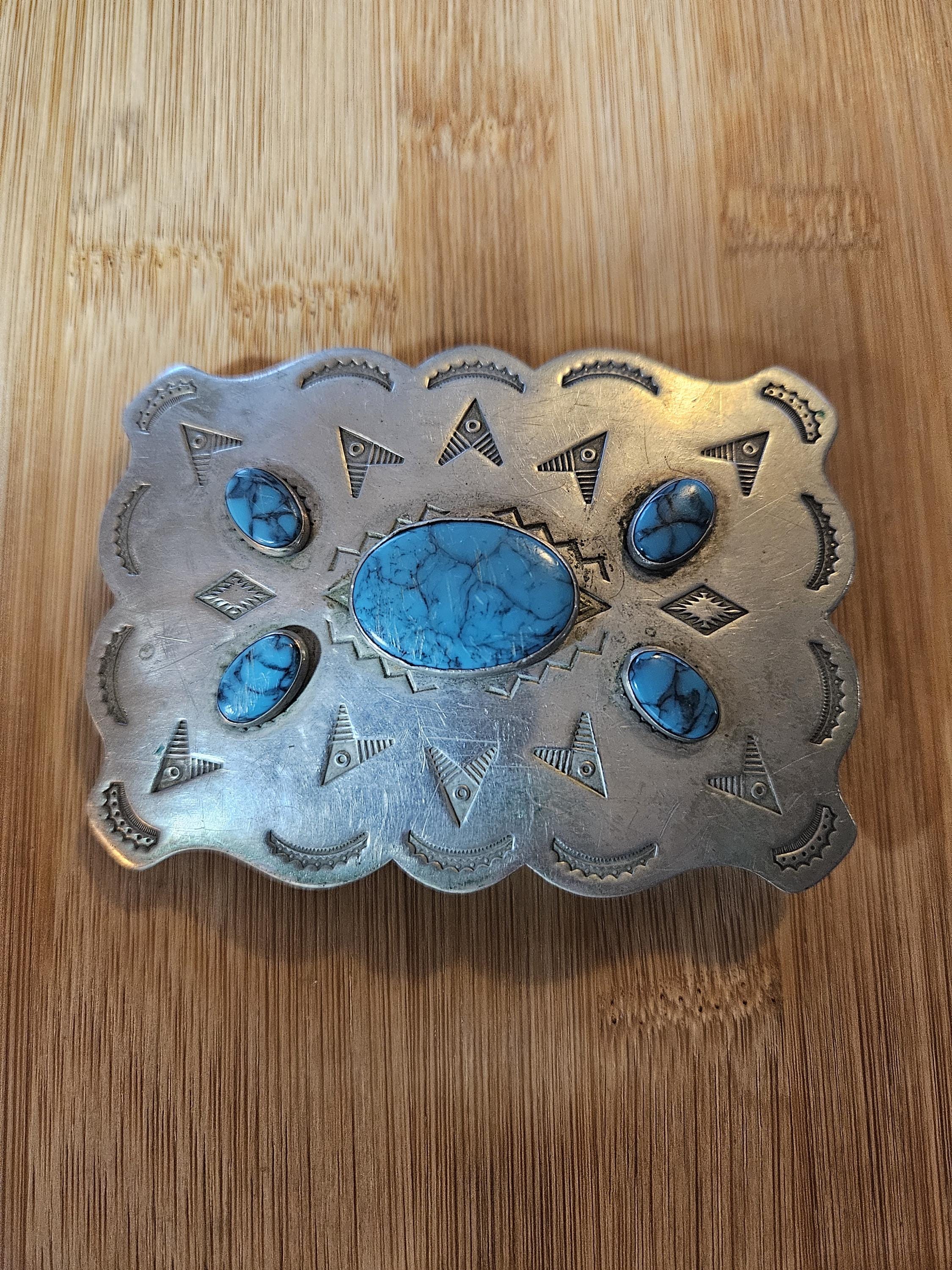 Vintage large Nickel silver and turquoise belt buck from