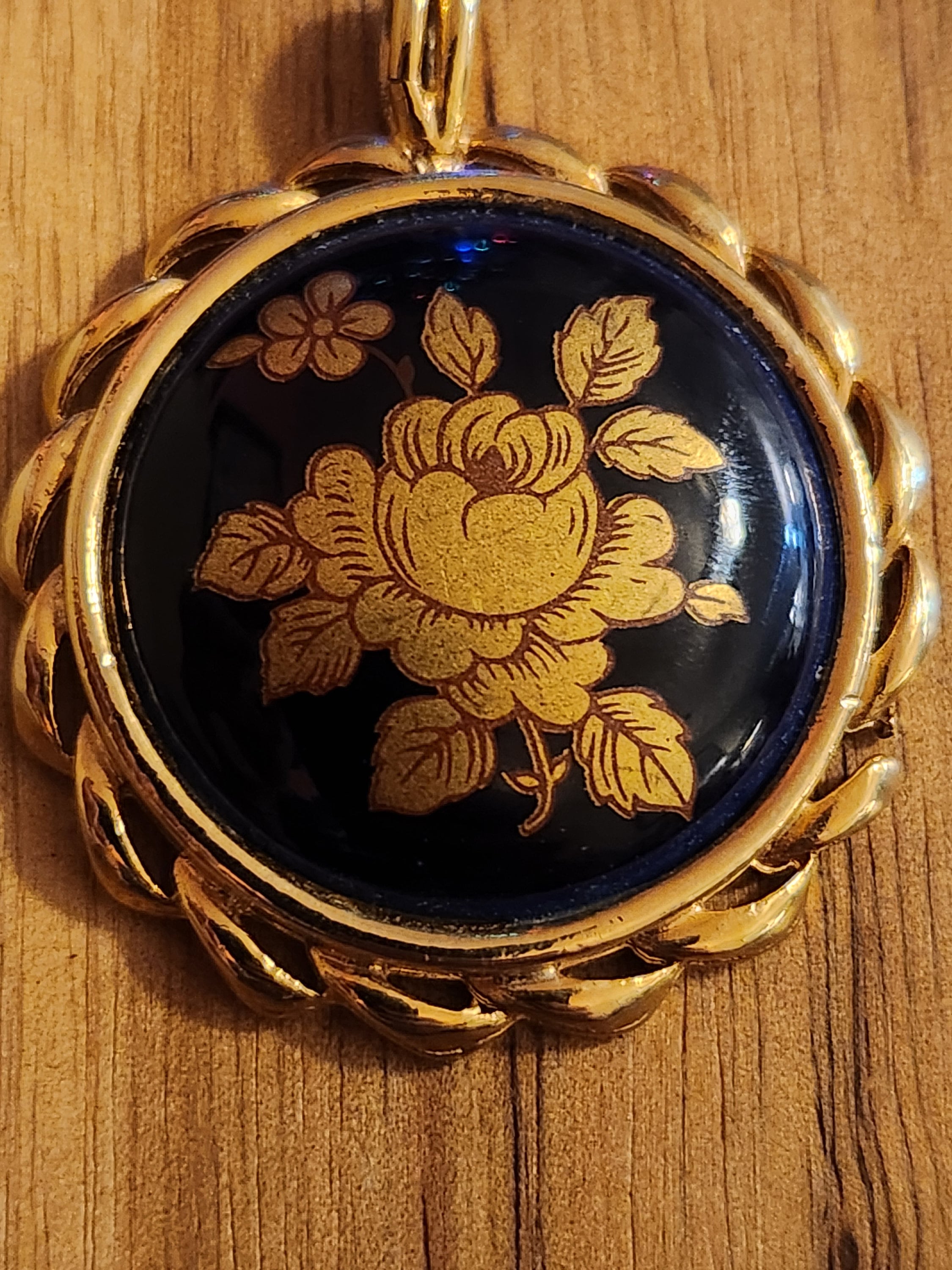 Vintage Limoges Castel France Goldtoned Pendant With a Black