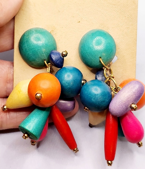 Colorful clip on 80's earrings in wood unused on … - image 1