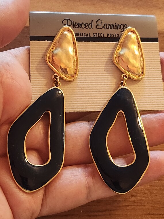 Vintage black and gold  enamel earrings in unused 