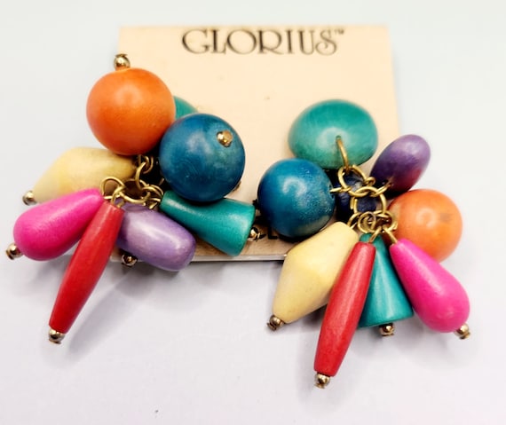 Colorful clip on 80's earrings in wood unused on … - image 2