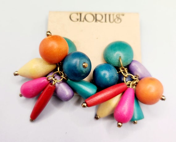 Colorful clip on 80's earrings in wood unused on … - image 3