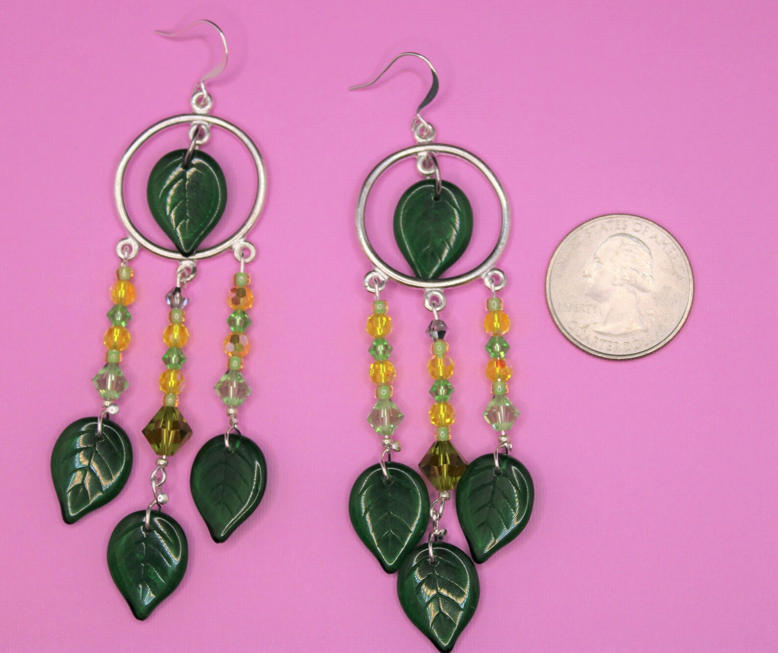 Large chandelier earrings with leaves and yellow and green Etsy
