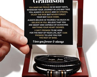 To Our Grandson Leather Bracelet Personalized Gift from Grandma, Grandpa, Nana | Birthday, Valentine's, Graduation Gifts From Grandparents