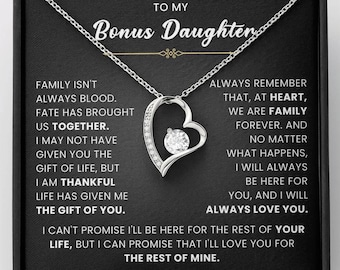 To My Bonus Daughter Necklace – Meaningful Gift from Mom or Dad | Stepdaughter Heart Necklace with Message Card | Family Love Jewelry Gift