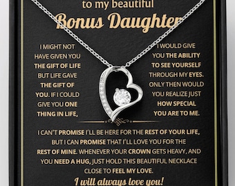 To My Bonus Daughter Necklace – Meaningful Gift from Mom or Dad | Stepdaughter Heart Necklace with Message Card | Family Love Jewelry Gift
