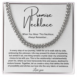 May include: Silver-colored chain necklace on a white card. The card reads "Promise Necklace" with the text "When You Wear This Necklace, Always Remember..." and a message below. The necklace is a cuban link style.