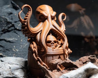 Decoración de acuario con pulpo impreso en 3D, monstruo marino con barril y ancla, adorno para pecera, paisajismo acuático, regalo inspirado en el océano para amantes de los acuarios.