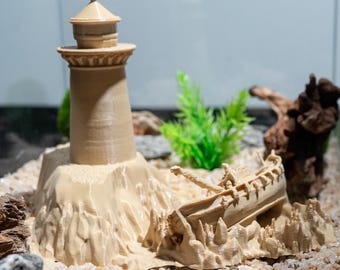 Faro y naufragio impresos en 3D para acuario, decoración para cría de peces y camarones, con opciones de color personalizadas.