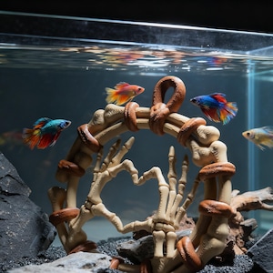 May include: An aquarium scene featuring colorful betta fish swimming around a decorative skeleton hand arch. The arch is beige with brown accents, and the fish have vibrant blue, red, and yellow fins. The tank has a dark background and black gravel.
