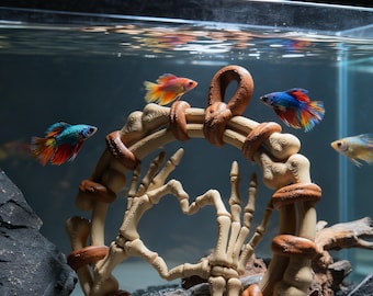 Decoración de acuario con forma de mano de esqueleto y corazón impresa en 3D, adorno de calavera gótica para paisaje de pecera, regalo único de Halloween para amantes de los acuarios.