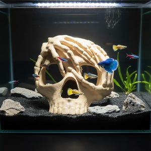 fish skeleton accessory for aquarium Glow In The Dark Decoration – Fossil Ornament This amazingly realistic piece features exquisite detail and brings true beauty to any aquarium setting Restokki Aquarium Skull Head Decoration