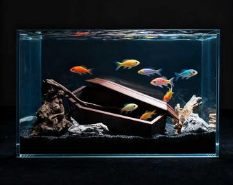 Mini ataúd impreso en 3D para acuario, adorno gótico para pecera, para Halloween, paisajismo acuático, espeluznante y adorable escondite de camarones en negro o marrón.