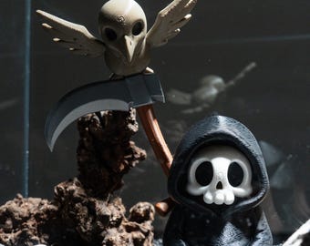 Decoración de acuario con esqueleto espeluznante de la Parca impresa en 3D con pájaro y guadaña, adorno para pecera o terrario de Halloween, regalo