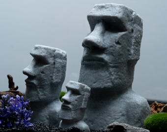 Conjunto de estatuas de cabezas Moai para acuario – Decoración para peceras de la Isla de Pascua, adorno de piedra impreso en 3D para camarones, peces pequeños y decoración de paisajismo acuático doméstico.