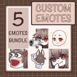 Puede incluir: Gráfico de arte digital con cinco emotes personalizados. El texto dice "5 Emotes Bundle" y "Custom Emotes". Los emotes incluyen un personaje con un arma, una cara en blanco, una cara sorprendida, un murciélago en un inodoro y un personaje pensativo.
