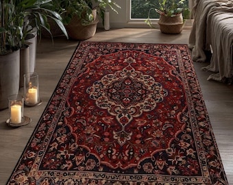 Alfombra oriental roja: tapiz vintage tejido a mano con medallón