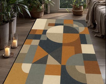 Alfombra geométrica abstracta: retro naranja, gris y beige