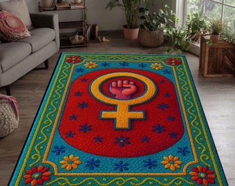 Alfombra feminista: símbolo de poder femenino con textura 3D, decoración moderna para el hogar.