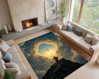 Jesús, alfombra con arte de cruz, escena cristiana de nubes al amanecer,