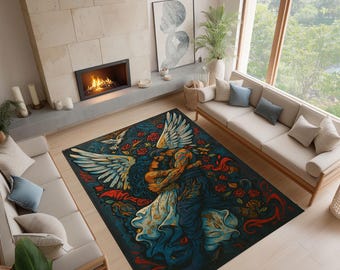 Alfombra de graffiti con pareja de ángeles, arte callejero romántico, mural de alas en 3D