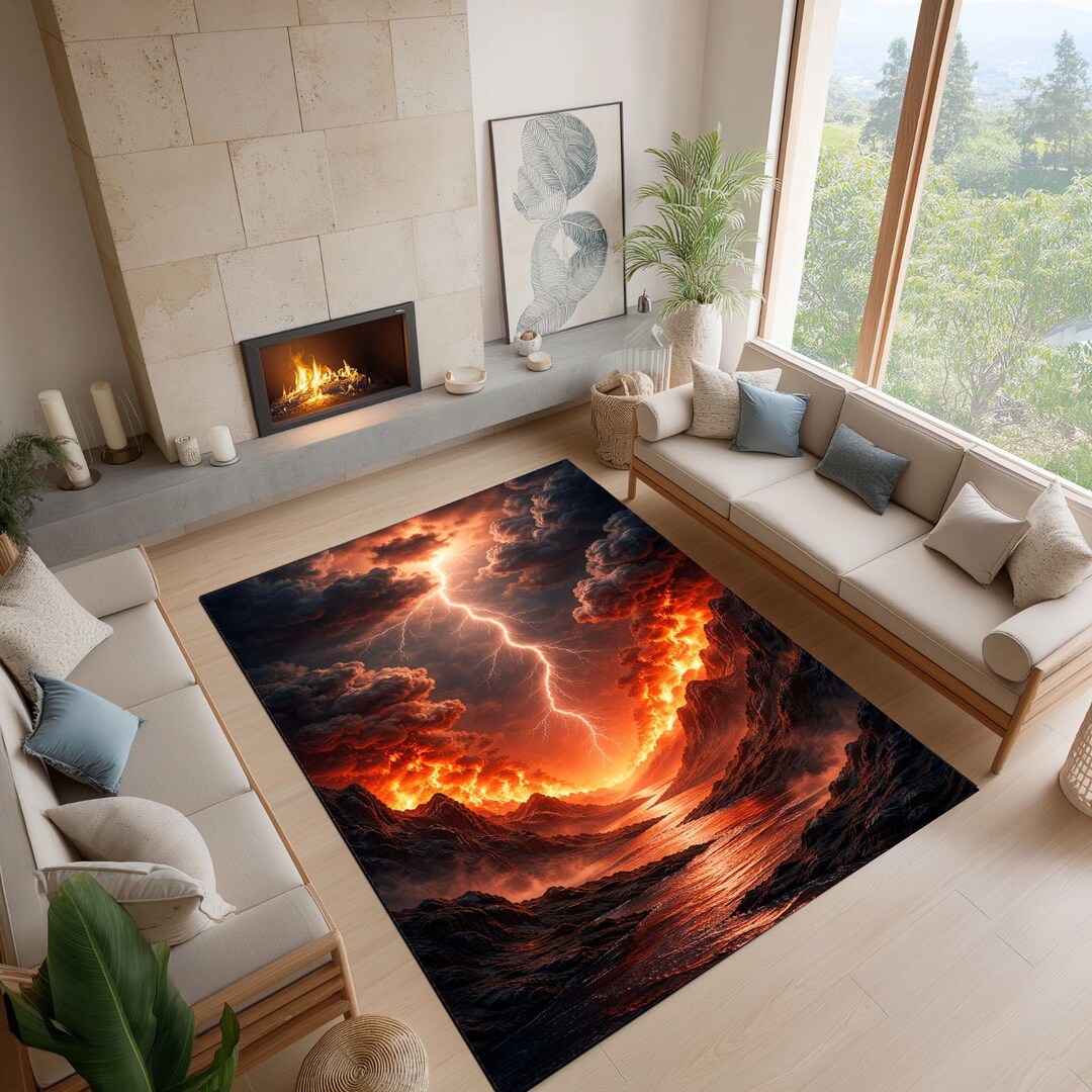 Lightning Storm Rug, Dramatic Fantasy Landscape Carpet, Fiery Sky ...