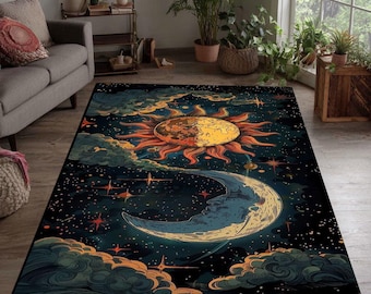 Alfombra Sol y Luna Celestial: Decoración Boho Cósmica para el Hogar