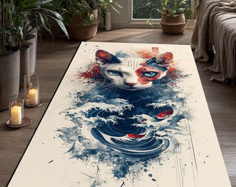 Alfombra con diseño de gato esfinge – Arte de tatuaje japonés, olas con peces koi