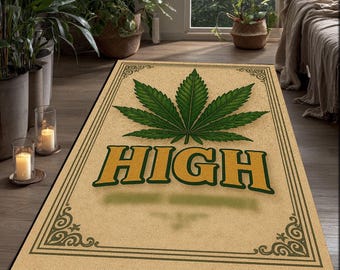 Alfombra retro con hojas de cannabis, tipografía art déco, decoración de marihuana personalizada