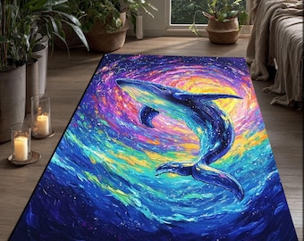Alfombra de ballena cósmica: alfombra oceánica galáctica 3D, decoración colorida para el hogar