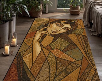 Alfombra con retrato de mujer cubista, alfombra geométrica terrosa, tamaño personalizado