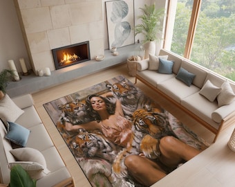 Alfombra con estampado artístico de mujer con tigres – Decoración de lujo para la selva