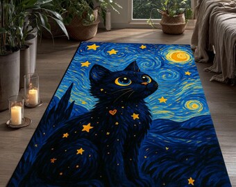 Alfombra de gato de noche estrellada: Alfombra cósmica de gatitos estilo Van Gogh