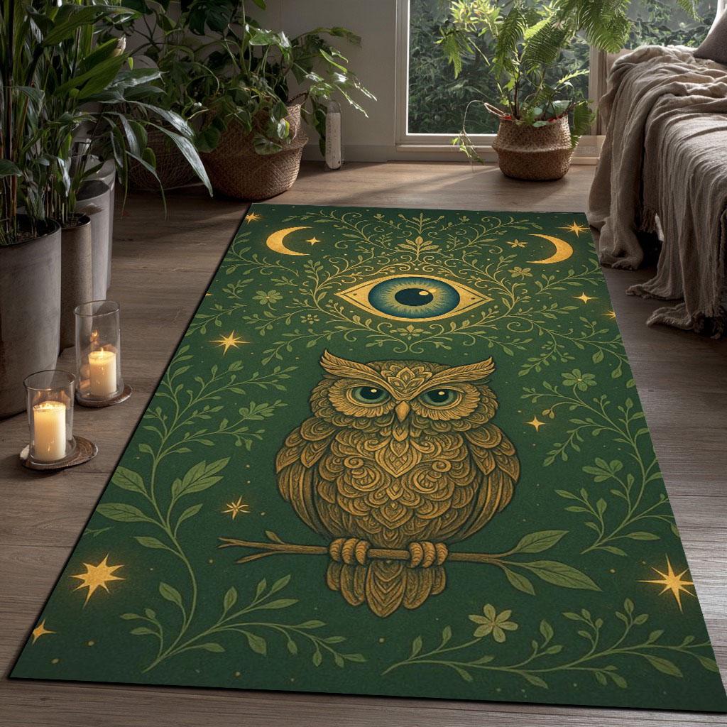 Mystical Owl Rug: Celestial Moon & Stars, Boho Witchy Decor