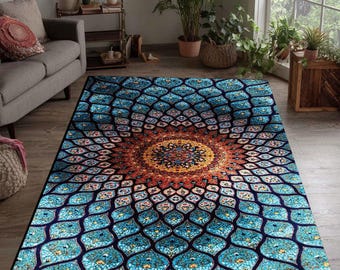 Alfombra de mandala azul: decoración bohemia con medallones para el hogar