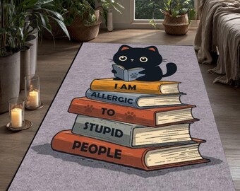 Divertida alfombra con forma de gato negro - Cita "Alérgico a la gente estúpida"
