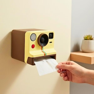 May include: A novelty tissue box shaped like a vintage Polaroid camera. The box is yellow and brown with a red button and a rainbow stripe. The tissue box is mounted on a wall.